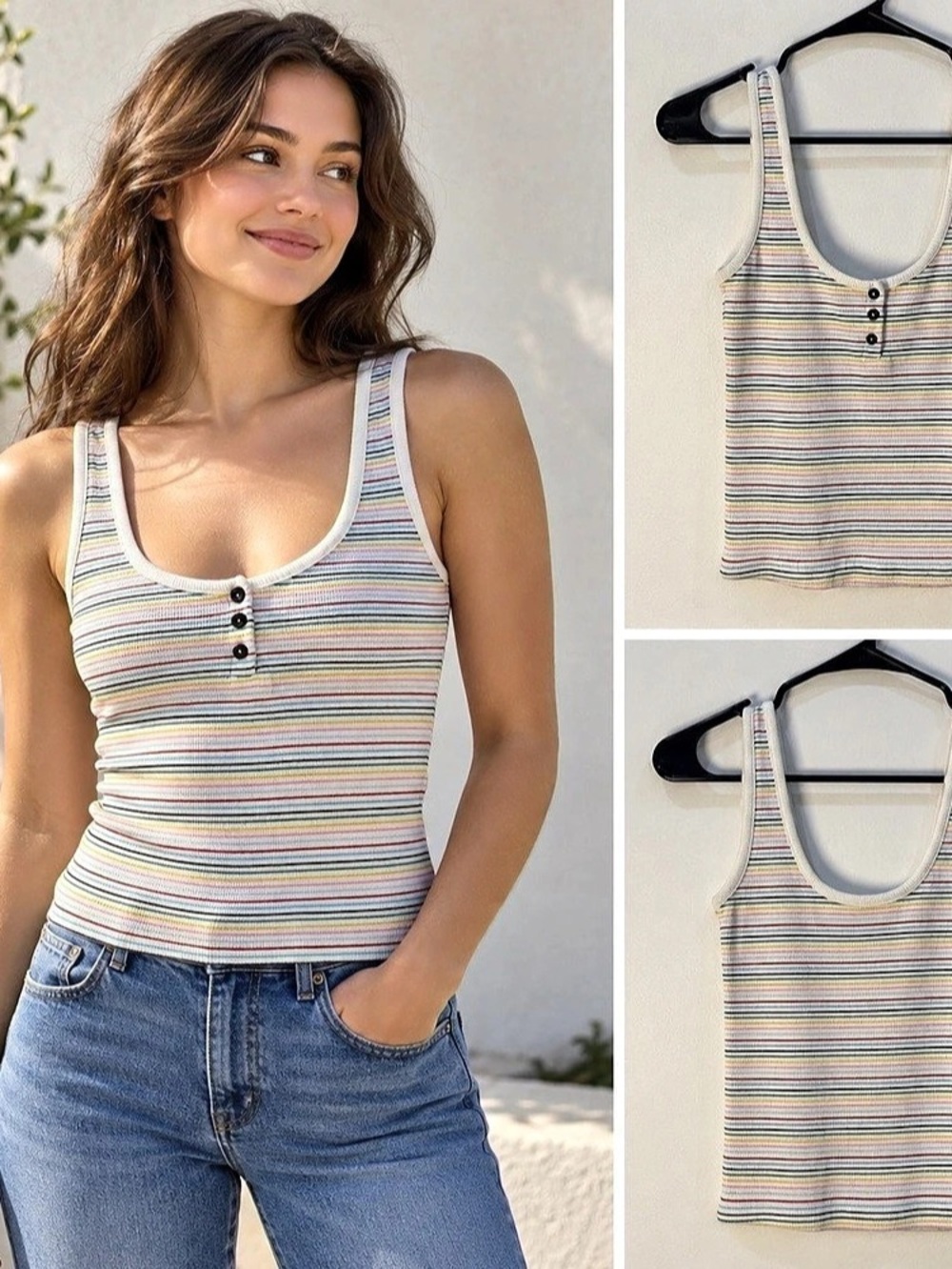 Forever 21 Tank Top Small Rainbow Striped Ribbed Indie Cami Henley Scoop Neck